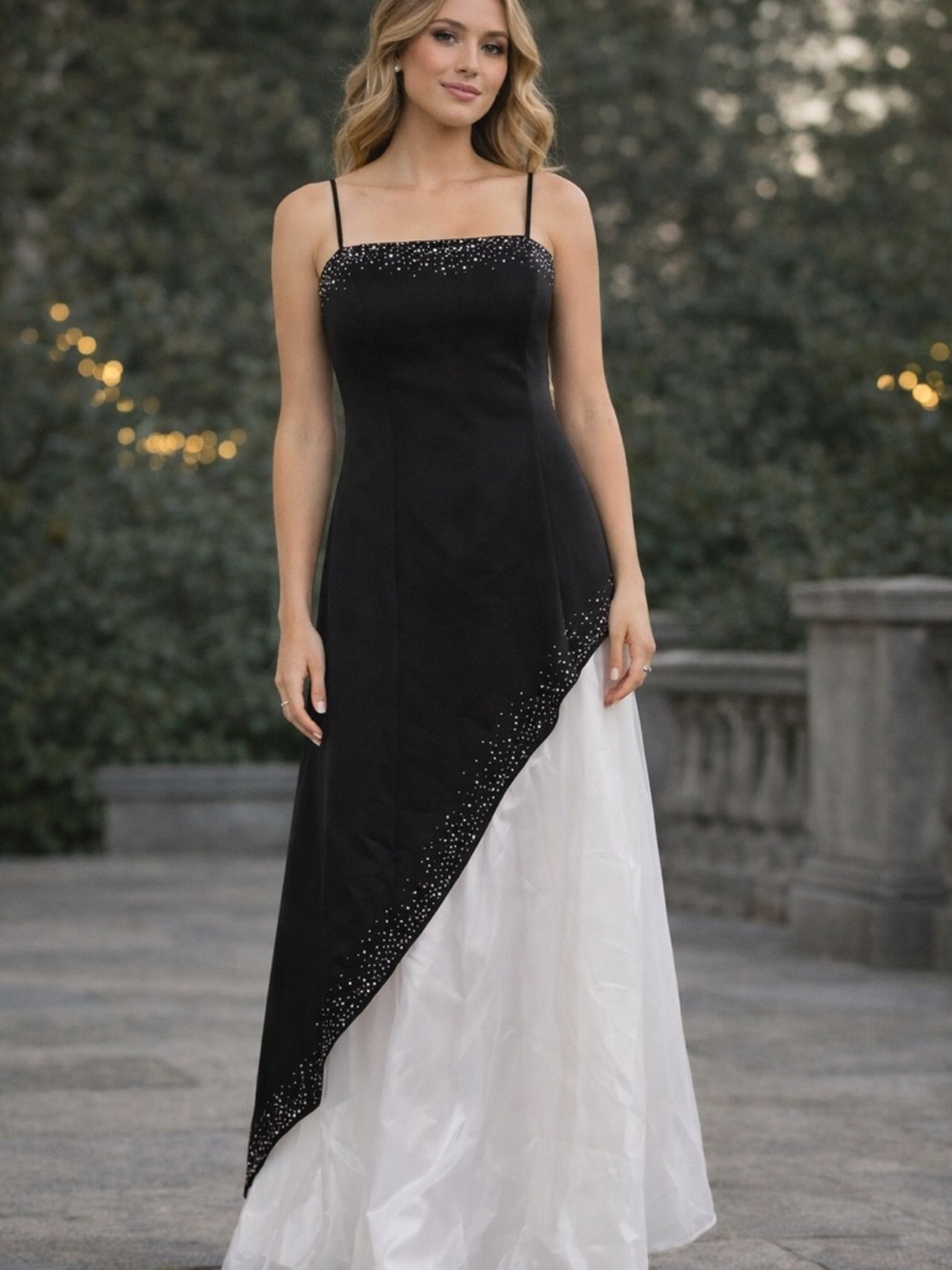 Onyx Nite Black and White Asymmetrical Evening Gown
